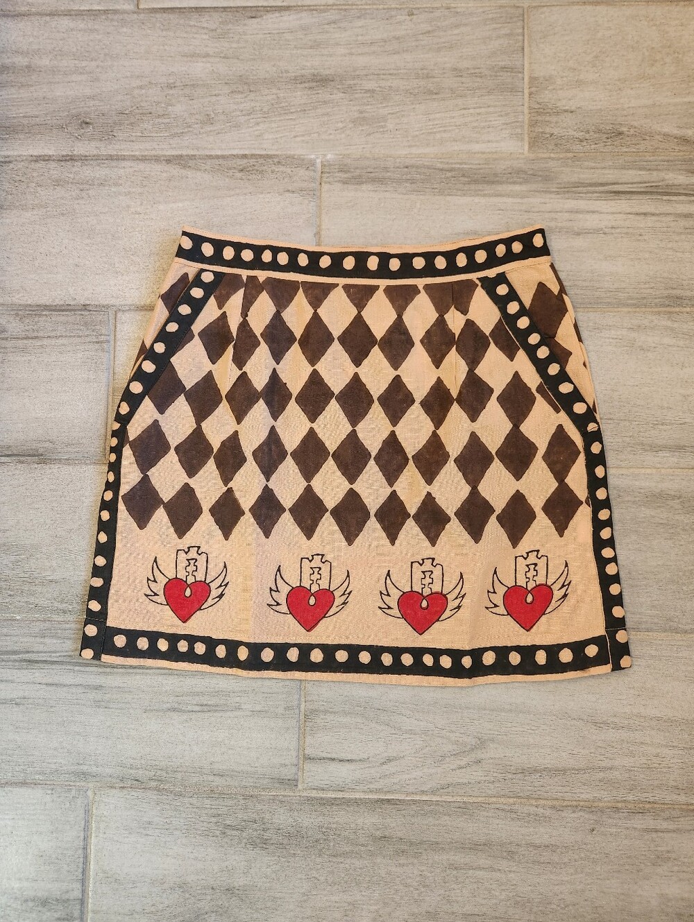 Mo Maya Mini Skirt S Brown 100% Linen Love Hurts Checks Hearts Kawaii New $175